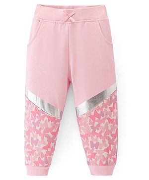 Babyhug Cotton Terry Full Length Lounge Pants with Butterfly Print - Pink