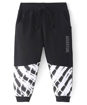 Babyhug Cotton Knit Full Length Lounge Pant Cut & Sew Design with Text Print - Black