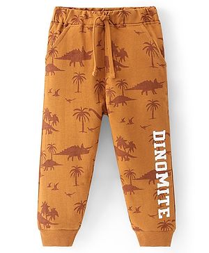 Babyhug Cotton Terry Full Length  Lounge Pant with Dino & Text print - Rust