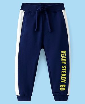 Babyhug Cotton Terry Knit Full Length Lounge Pant with Text Print - Navy Blue