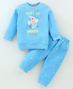 Zero Fleece Knit Full Sleeves T-Shirt & Lounge Pants Set With Text Print - Light Turquoise