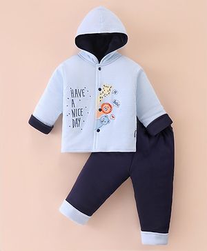 Child World Cotton Knit Full Sleeves Hooded Winter Wear Suit With Animals Embroidery - Sky Blue