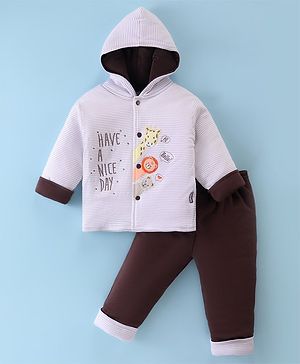 Child World Cotton Knit Full Sleeves Hooded Winter Wear Suit With Animals Embroidery - Ecru