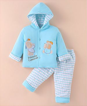 Child World Cotton Knit Full Sleeves Hooded Winter Wear Suit With Teddy & Puppy Friends Applique - Blue