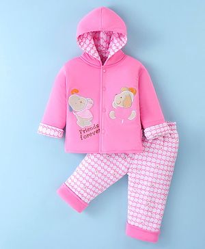 Child World Cotton Knit Full Sleeves Hooded Winter Wear Suit With Teddy & Puppy Friends Applique - Pink