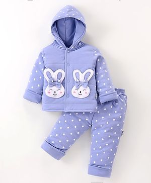 Child World Cotton Knit Full Sleeves Hooded Winter Wear Suit With Bunny Applique & Polka Dots - Lilac