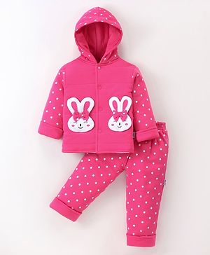 Child World Cotton Knit Full Sleeves Hooded Winter Wear Suit With Bunny Applique & Polka Dots - Dark Pink