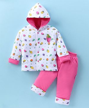 Child World Cotton Knit Full Sleeves Hooded Front Open Winter Wear Suit With Fruits Print - Dark Pink & White