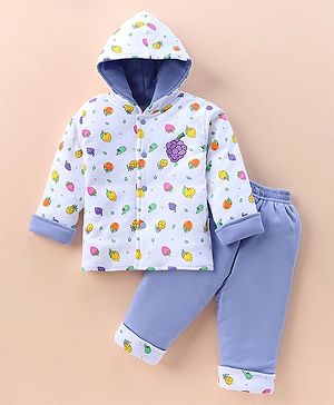 Child World Cotton Knit Full Sleeves Hooded Front Open Winter Wear Suit With Fruits Print -  Blue & White