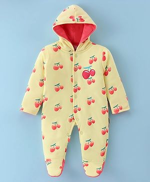 Child World Cotton Knit Full Sleeves Hooded Sleep Suit with Fruit Print - Yellow