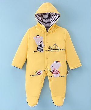 Child World Cotton Knit Full Sleeves Hooded Sleep Suit with Teddy Bear Print - Yellow