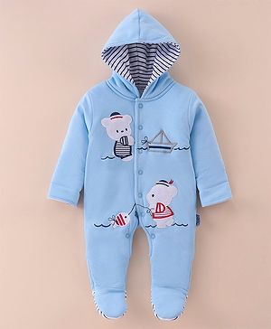 Child World Cotton Knit Full Sleeves Hooded Sleep Suit with Teddy Bear Print - Sky Blue