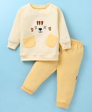 Child World Cotton Knit Full Sleeves Sweatshirt with Front Pocket & Lounge Pant Set Dog Face Embroidery - Yellow