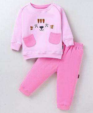 Child World Cotton Knit Full Sleeves Sweatshirt with Front Pocket & Lounge Pant Set Dog Face Embroidery - Pink