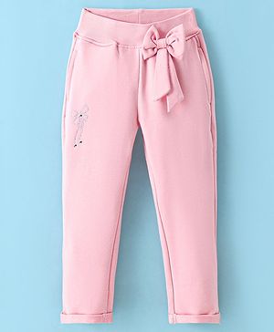 Olio Kids Cotton Knit Full Length  Lounge Pant with Bow Detailing Solid Colour - Pink