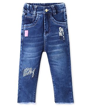 Olio Kids Denim Full Length Jeans with Text Print & Patch Detailing - Deep Blue