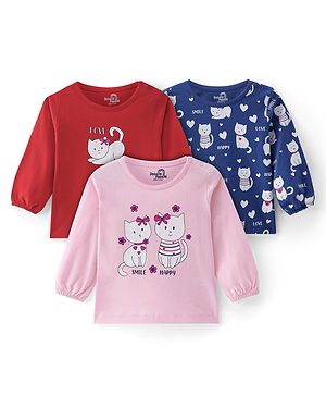 Doodle Poodle 100% Cotton Single Jersey Knit Full Sleeves Kitty Printed Tops Pack of 3 - Pink Blue & Red