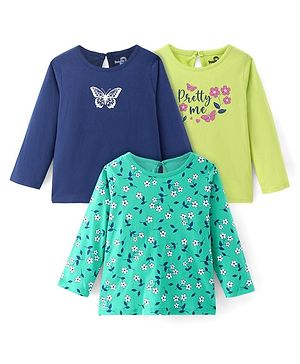 Doodle Poodle 100% Cotton Single Jersey Knit Full Sleeves Text & Floral Printed T-Shirts Pack of 3 - Green & Navy