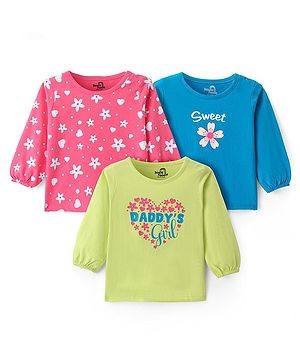 Doodle Poodle 100% Cotton Knit Full Sleeves Floral & Text Printed Tops Pack of 3 - Pink Blue & Green