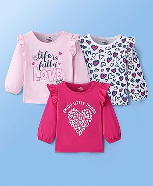 Doodle Poodle 100% Cotton Single Jersey Knit Full Sleeves Top With Frill Detail & Hearts Print Pack of 3 - Pink