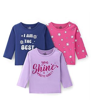 Doodle Poodle 100% Cotton Single Jersey Knit Full Sleeves Text & Star Printed T-Shirts Pack of 3 - Blue Pink & Purple