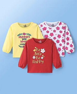 Doodle Poodle 100% Cotton Single Jersey Knit Full Sleeves Text & Floral Printed Tops Pack of 3 - Yellow White & Red