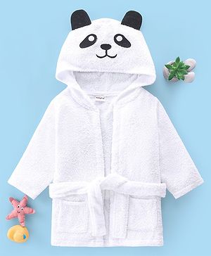 Babyhug Woven Terry Full Sleeve Bathrobe with Panda Print- White