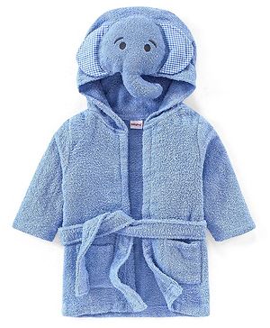 Babyhug  Woven  Hooded Full Sleeves Bath Robe With Pockets & Elephant Applique - Blue