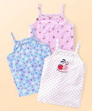 Babyhug 100% Cotton Knit Singlet Sleeves Slips Floral & Fruits Print Pack of 3 - White Pink & Blue