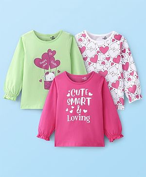 Doodle Poodle 100% Cotton Single Jersey Knit Full Sleeves Top  Heart Print Pack of 3 - Green Pink & Bright White