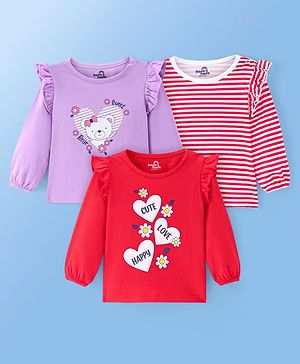 Babyoye 100% Cotton Knit Full Sleeves Tops with Frill Detailing Striped Floral & Heart Print Pack of 3 - Purple & Red