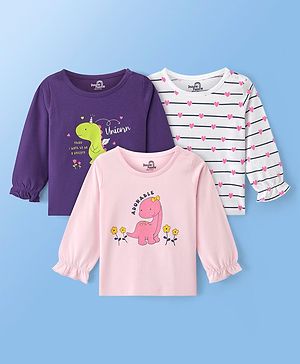 Doodle Poodle 100% Cotton Single Jersey Full Sleeves  Tops with DIno & Heart Print Pack of 3 - Blue White & Pink