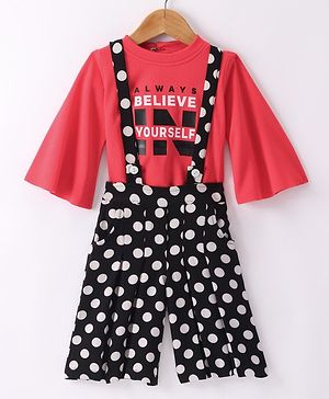 Enfance Synthetic Polka Dots & Text Printed Dungaree With Full Sleeves Tee - Red