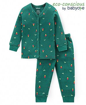 Babyoye Cotton Modal Knit Full Sleeves Front Open Thermal Inner Wear Set with Heart & Mashroom  Print - Green