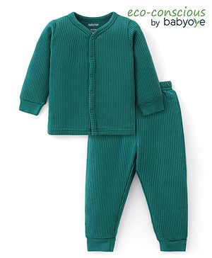 Babyoye Cotton Modal Blend Knit Full Sleeves Front Open Thermal Vest & Pant Set - Green