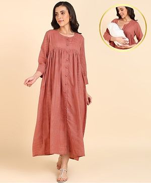 Zelena  Cotton Full Sleeves Solid Maternity Feeding Nighty  With Button & Pockets - Brown