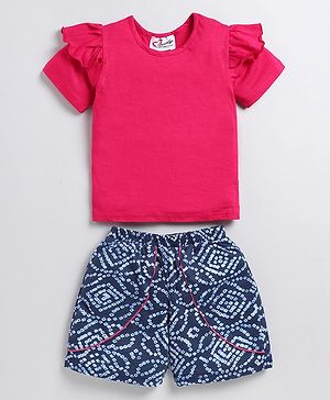 M'andy Cotton Half Sleeves Solid Top With Bandhej Design Shorts - Red