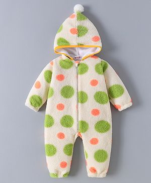 Kookie Kids Full Sleeves Winter Wear Hooded Romper with Polka Dots Print - Green