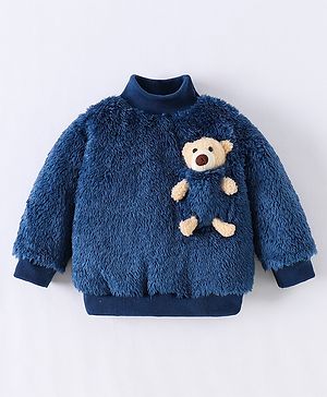 Kookie Kids Full Sleeves Winter T-Shirt with 3D Bear Applique - Navy