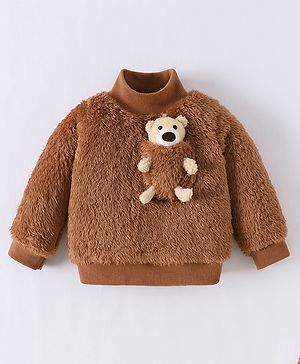 Kookie Kids Full Sleeves Winter T-Shirt with 3D Bear Applique - Brown