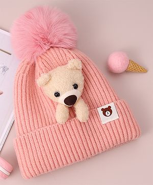 Babyhug Woolen Cap with Teddy Bear Applique - Pink