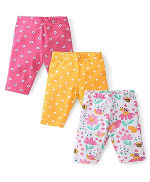 Babyhug Cotton Lycra Three Fourth Leggings with Polka Dots & Floral Print Pack of 3 - Multicolour