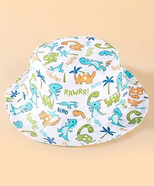 Babyhug Two Layer Cotton Woven Bucket Hat With Dino Print - White