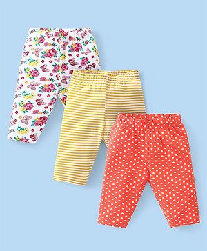 Babyhug Cotton Lycra Three Fourth Leggings Striped Polka Dot & Floral Print Pack of 3 - White Yellow & Red