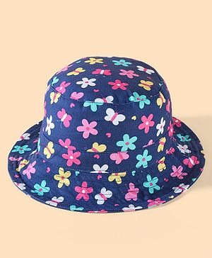 Babyhug Two Layer Cotton Woven Bucket Hat With Floral Print - Navy