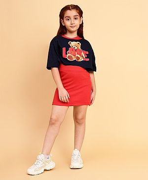 Little Marine Half Sleeves Ribbed A Line Midi Dress With Teddy  Printed Crop Top  - Black & Red