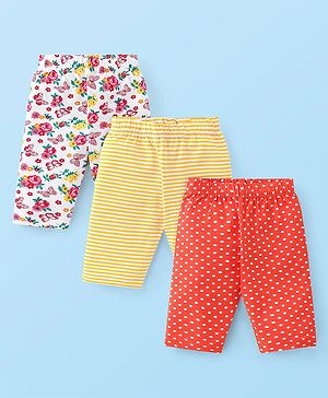 Babyhug Cotton Lycra Knit Three Fourth Striped  Leggings with Floral & Polka Dots Print Pack of 3 - Multicolour