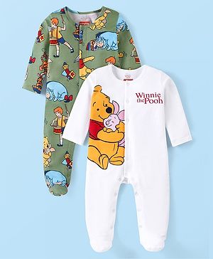 Babyhug Disney Cotton Knit Full Sleeves Sleep Suits With Winnie The Pooh Graphics Pack Of 2 - Green & White