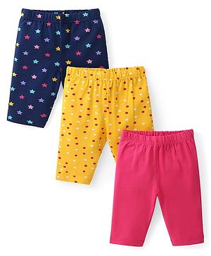 Babyhug Cotton Lycra Three Fourth Leggings  with Star & Polka Dot Print Pack of 3 - Multicolor