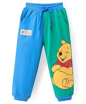 Babyhug Disney Cotton Knit Full Length Track Pant with Winnie The Pooh Graphics & Pocket Detailing  - Green & Blue